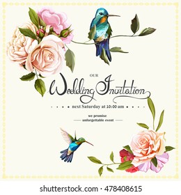 Wedding invitation with roses and peony. This template can be used as other type of invitations and holidays. Vector - stock.