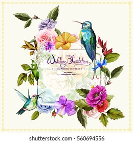 Wedding invitation with roses, poppy flowers and peony and two hummingbirds around. This template can be used as other type of invitations and holidays. Vector - stock.