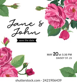 Wedding invitation with roses in rustic manner. Card of special day with names of bride and groom, place and time of occasion. Postcard template with blossom, buds with leaves. Vector in flat style