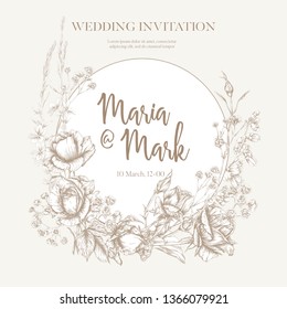 Wedding invitation with roses and spring flowers.  Graphic drawing, engraving style. Vector illustration. In vintage beige color.