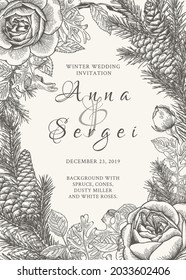 Wedding invitation with roses and spruce. Christmas card with flowers, coniferous branches and cones. Floral vector illustration. Sketch. Black pattern and white background.
