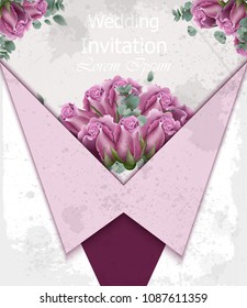 Wedding invitation with roses Vector. Beautiful card floral 3d backgrounds
