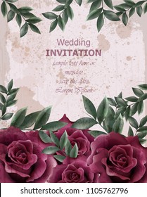 Wedding Invitation with roses Vector. Beautiful rose flowers decor. Elegant decor vintage background