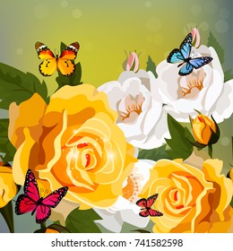 Wedding invitation with roses. yellow roses and butterflies. Floral collection