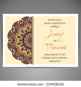 Wedding invitation. Round Ornament Pattern. Vintage decorative elements. Hand drawn background. Islam, Arabic, Indian, ottoman motifs.