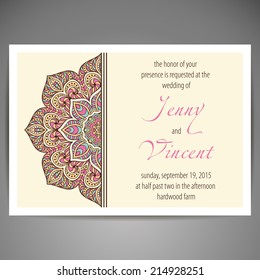 Wedding invitation. Round Ornament Pattern. Vintage decorative elements. Hand drawn background. Islam, Arabic, Indian, ottoman motifs.