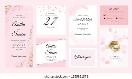 Wedding invitation, RSV card, Wedding menu, Cover design vector template with pink Art brush,Feather and sweet marble rose gold pattern texture decoration. 