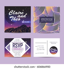 wedding invitation with rsvp card. cosmic design with star shine. beautiful sunset