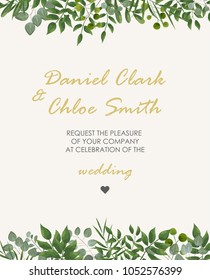 Wedding Invitation, rsvp modern card Design. Vector natural, botanical, elegant template.
Wedding floral watercolor style, invitation, save the date card design with forest greenery herbs, leaves.