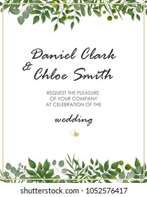 Wedding Invitation, rsvp modern card Design. Vector natural, botanical, elegant template.
Wedding floral watercolor style, invitation, save the date card design with forest greenery herbs, leaves.