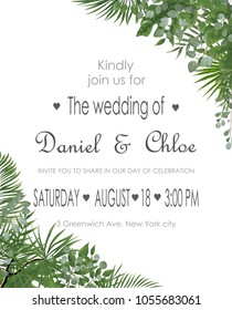 Wedding Invitation, rsvp modern card Design. Vector natural, botanical, elegant template.
Wedding floral watercolor style, invitation, save the date card design with forest greenery herbs, leaves.