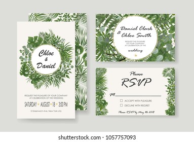 Wedding Invitation, rsvp modern card Design. Vector natural, botanical, elegant template.
Wedding floral watercolor style, invitation, save the date card design with forest greenery herbs, leaves.