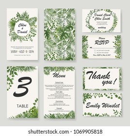 Wedding Invitation, rsvp modern card Design. Vector natural, botanical, elegant template.
Wedding floral watercolor style, invitation, save the date card design with forest greenery herbs, leaves.