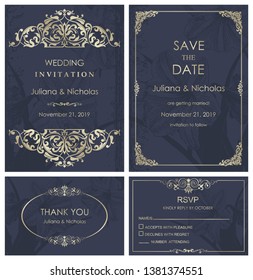 Wedding Invitation, with rsvp, save the date and thank you card baroque style blue and gold. Vintage  Pattern. Retro Victorian ornament. Frame with flowers elements. Vector illustration.