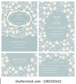 Wedding Invitation, with rsvp, save the date and thank you card baroque style blue and gold. Vintage  Pattern. Retro Victorian ornament. Frame with flowers elements. Vector illustration.