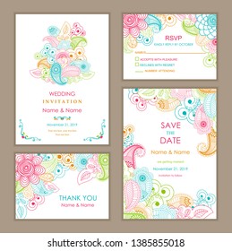 Wedding Invitation, with rsvp, save the date and thank you card ethnic style. Summer pattern of flowers and leaves.Vector illustration.