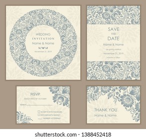 Wedding Invitation, with rsvp, save the date and thank you card baroque style. Vintage  Pattern. Retro Victorian ornament. Frame with flowers elements. Vector illustration.