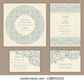 Wedding Invitation, with rsvp, save the date and thank you card baroque style. Vintage  Pattern. Retro Victorian ornament. Frame with flowers elements. Vector illustration.