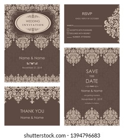 Wedding Invitation, with rsvp, save the date and thank you card baroque style. Vintage  Pattern. Retro Victorian ornament. Frame with flowers elements. Vector illustration.