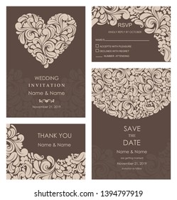 Wedding Invitation, with rsvp, save the date and thank you card baroque style. Vintage  Pattern. Retro Victorian ornament. Frame with flowers elements. Vector illustration.