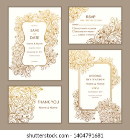 Wedding Invitation, with rsvp, save the date and thank you card.
Hand drawn floral doodle background. Flowers Pattern. Retro ornament. Summer ornament. Vector illustration.