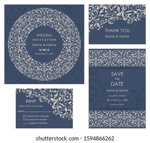 Wedding Invitation, with rsvp, save the date and thank you card baroque style. Vintage  Pattern. Retro Victorian ornament. Frame with flowers elements. Vector illustration.