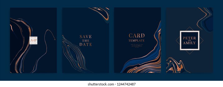 Wedding invitation, RSVP, thank you cards. Vector elegant rustic template. Swirls of marble or the ripples of agate. Liquid marble texture and Golden metallic. Fluid art. 