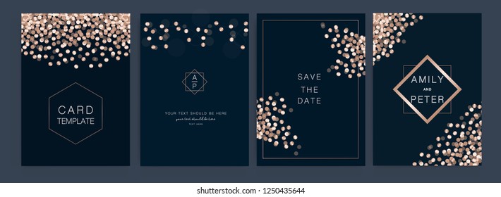 Wedding invitation, RSVP, thank you cards. Vector elegant rustic template. Metallic lights in Rose Gold mode.