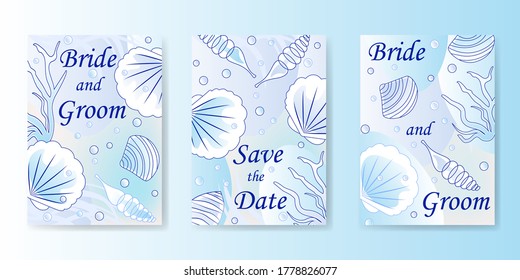 Wedding invitation, RSVP, thank you cards. Stylized image of sea shells on a blue background-vector illustration, eps