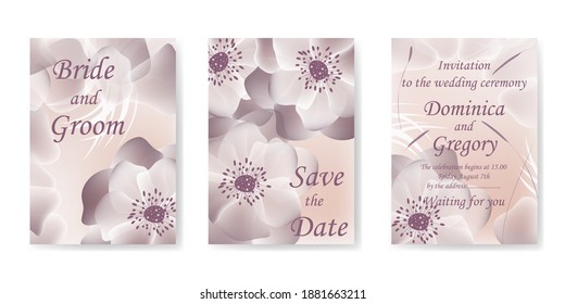 Invitación a la boda, RSVP, gracias a las tarjetas. Conjunto de plantillas. Imagen vectorial de flores delicadas en tonos pastel suaves, eps