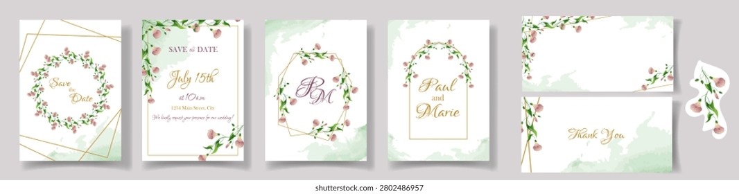 Wedding invitation in rural style, background with delicate pink floral branches of field bindweed, gold line , watercolor textures, a clean white copy space. Cards, bridal shower invitations, RSVP 