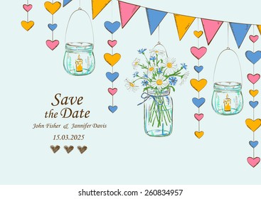 Wedding Invitation With Rustic Decoration Of Hanging Mason Jars, Flowers, Candles And Garlands. Save The Date Concept