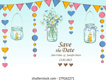 Wedding invitation with rustic decoration of hanging mason jars, flowers, candles and garlands. Save the date concept.