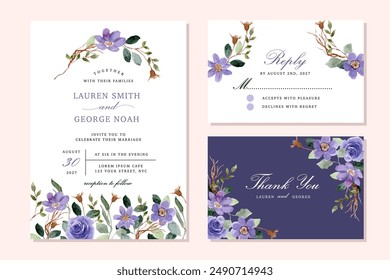 Hochzeitseinladung mit rustikalem lila Blumenaquarell