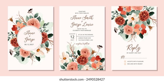 wedding invitation with rustic watercolor flower frame