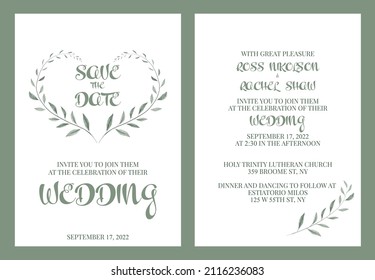 Wedding invitation in rustic and watercolor style. Wedding invitation in green leaves and serif font.