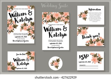 Wedding invitation s suite with rose-dog flowers , thank you card, save the date cards. Wedding set. RSVP card