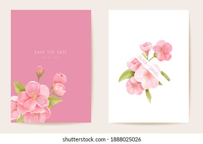 Wedding invitation sakura, cherry flowers, leaves card. Realistic floral spring template vector. Botanical Save the Date modern poster, trendy design, luxury background