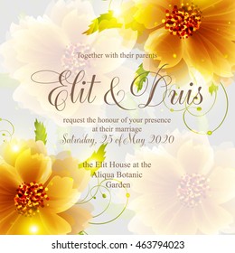 Wedding invitation sample with wreath of beautiful flower and design wording.