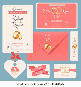 Wedding invitation. Save date anniversary couple cards with marriage cartoon symbols vector wedding banners design template