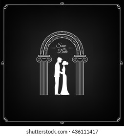 Wedding invitation. Save the date. Bride and groom silhoutte couple, church arch. Love and valentine label. 