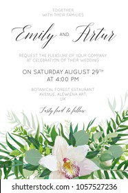 Wedding invitation, save the date card design with elegant white orchid flowers, greenery willow eucalyptus branches, tropical forest palm green leaves decoration. Beautiful, cute trendy vector layout
