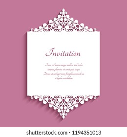 Wedding invitation or save the date card with cutout borders and place for text, ornamental lace decoration, vector template for laser cutting