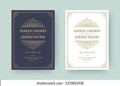 Wedding invitation save the date card flourishes ornaments. Vintage victorian frames and decorations. Vector elegant template.