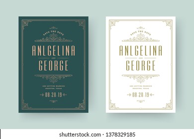Wedding invitation save the date card flourishes ornaments. Vintage victorian frames and decorations. Vector elegant template.