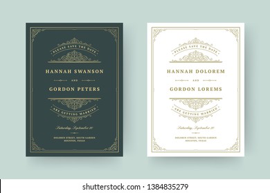 Wedding invitation save the date card flourishes ornaments vignette swirls. Vintage victorian frames and decorations. Vector elegant template.