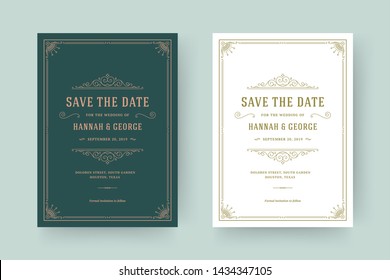 Wedding invitation save the date card flourishes ornaments vignette swirls. Vintage victorian frames and decorations. Vector elegant template.