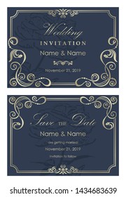 Wedding Invitation and save the date  card baroque style. Vintage  Pattern. Retro Victorian ornament. Frame with flowers elements. Vector illustration.