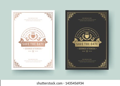 Wedding invitation save the date card golden flourishes ornaments vignette swirls. Vintage victorian frame and decorations. Vector elegant template.