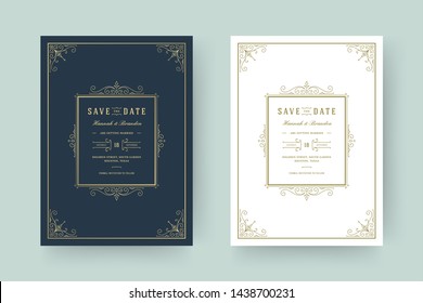 Wedding invitation save the date card flourishes ornaments vignette swirls. Vintage victorian frames and decorations. Vector elegant template.